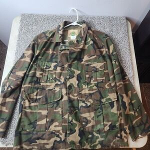Vtg Ideal Brand Camo Hunting Jacket Military Button Up 5‎ Pocket Large